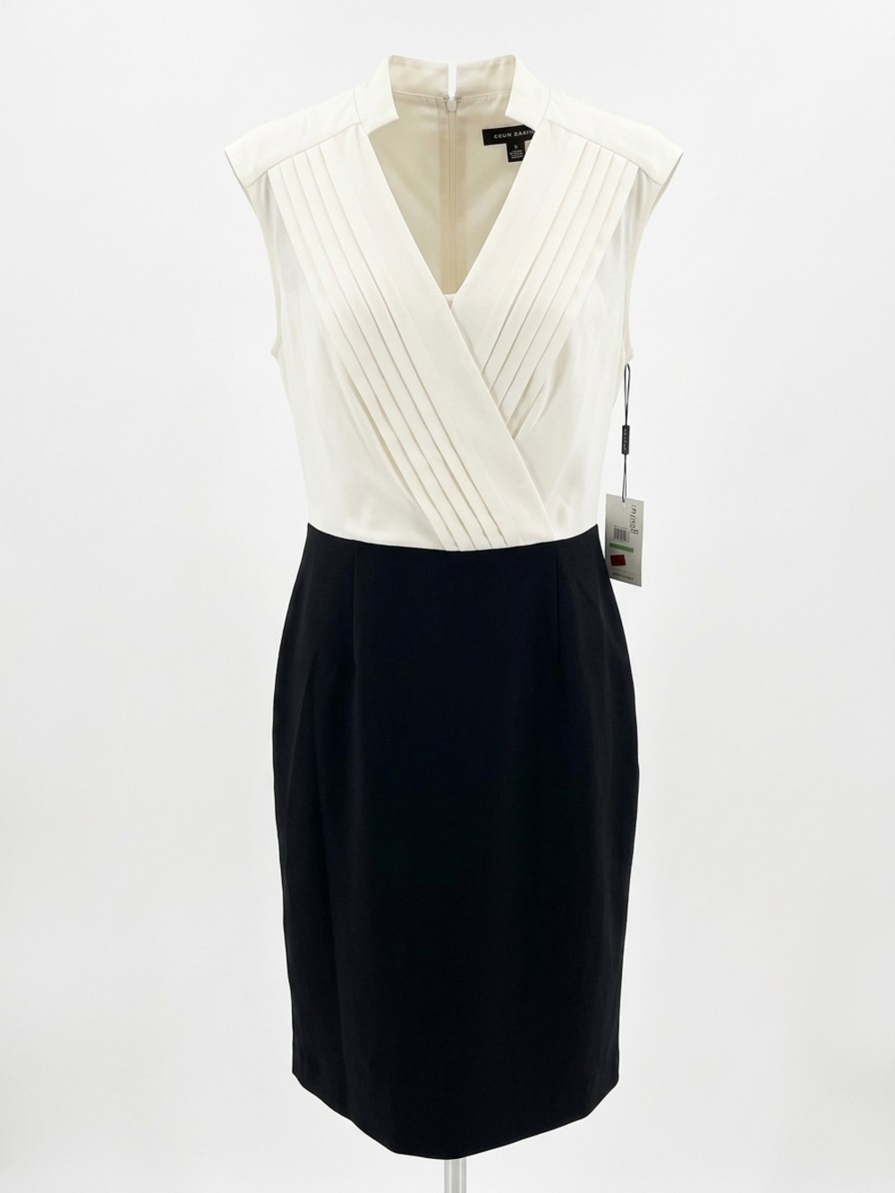 Calvin Klein Two-Tone Pleated Faux-Wrap Midi Dress - White/Black